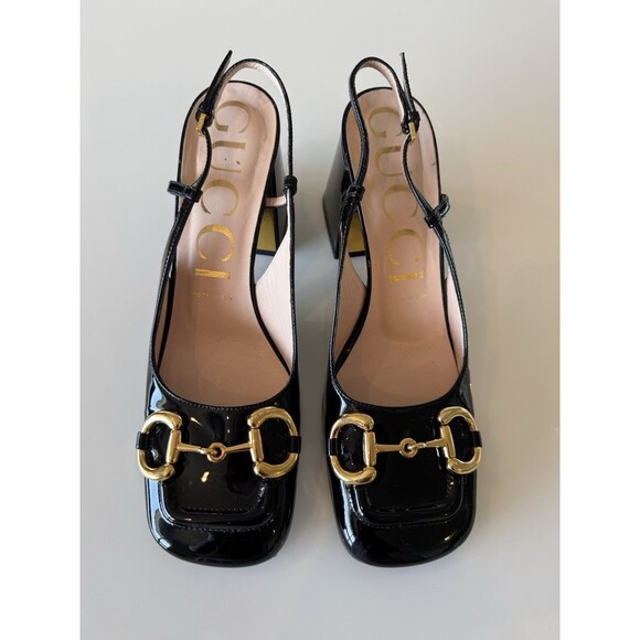 Gucci Baby Horsebit Black Patent Leather Platform Slingback Pumps Shoes EU 38 8 - Picture 1 of 11